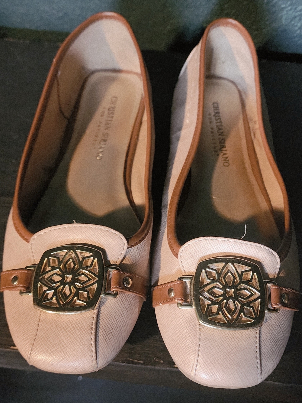 Christian Siriano Tan Flats with Gold Medallion